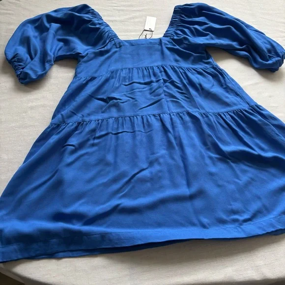 NWT Hunter & Brown Blue Puff Sleeve Mini Dress Small | Rayon Tiered - Picture 4 of 7